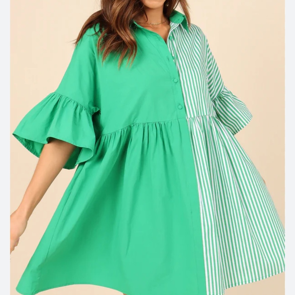 Petal & Pup Green and White Striped Mini Dress